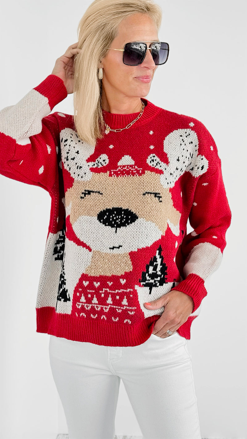 Rudolph Printed Sweater - Red-140 Sweaters-On Blue-Coastal Bloom Boutique, find the trendiest versions of the popular styles and looks Located in Indialantic, FL