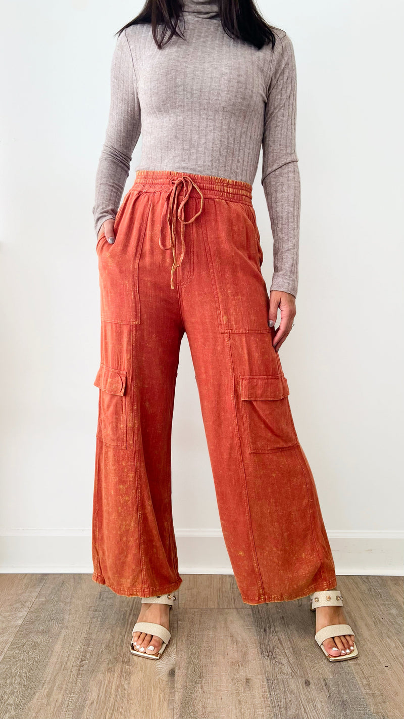 Mineral Washed Cargo Wide Pants - Vintage Brick-170 Bottoms-Easel-Coastal Bloom Boutique, find the trendiest versions of the popular styles and looks Located in Indialantic, FL