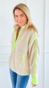 Glow Getter Sherpa Zip Sweatshirt - Oatmeal/Neon Green