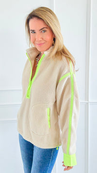 Glow Getter Sherpa Zip Sweatshirt - Oatmeal/Neon Green