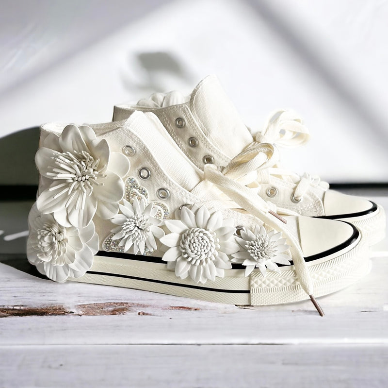 Flower High-Top Canvas Shoes - White-250 Shoes-Chasing Bandits-Coastal Bloom Boutique, find the trendiest versions of the popular styles and looks Located in Indialantic, FL