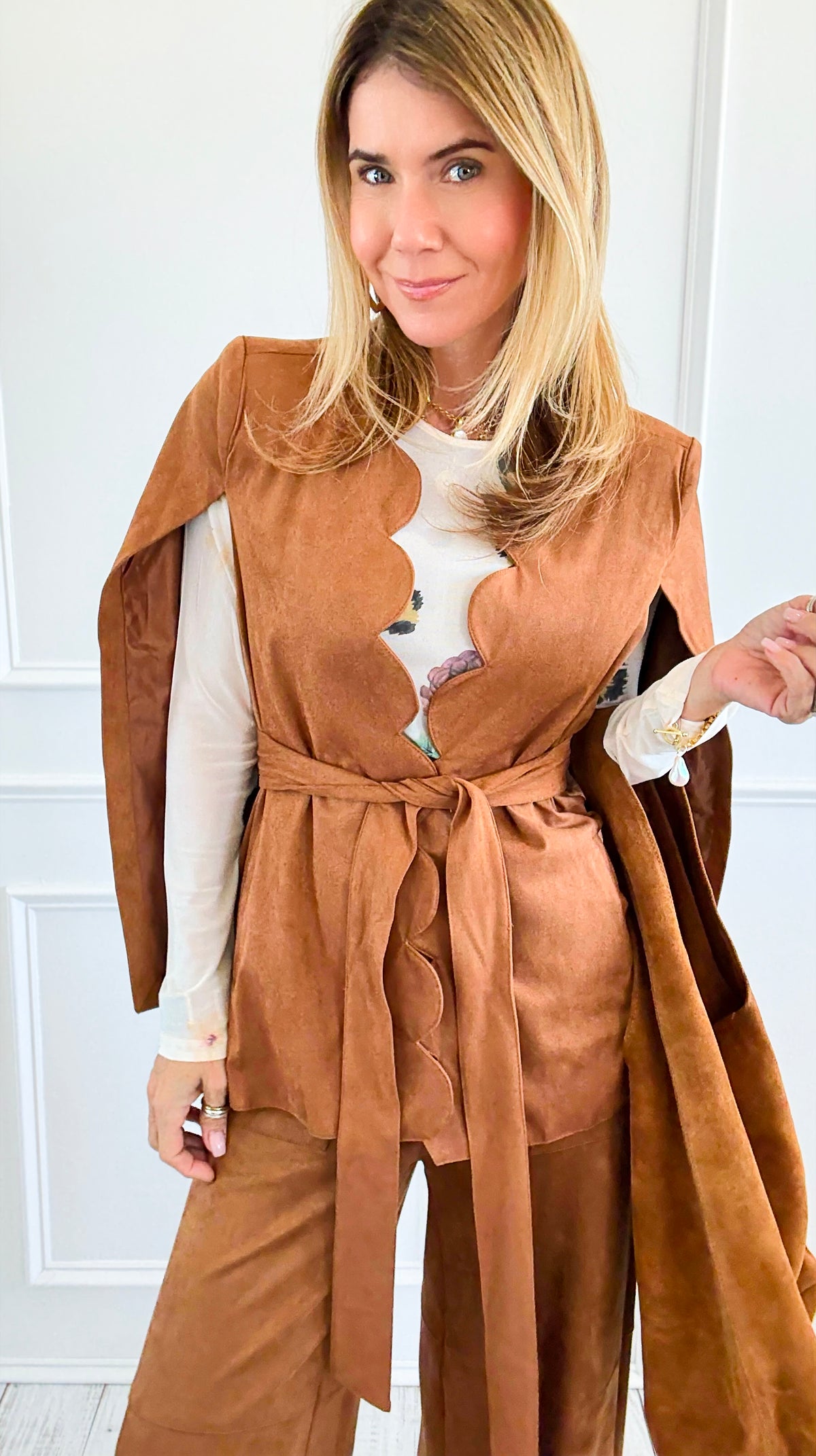 Faux Suede Scalloped Edge Belted Cape Blazer-160 Jackets-Flying Tomato-Coastal Bloom Boutique, find the trendiest versions of the popular styles and looks Located in Indialantic, FL