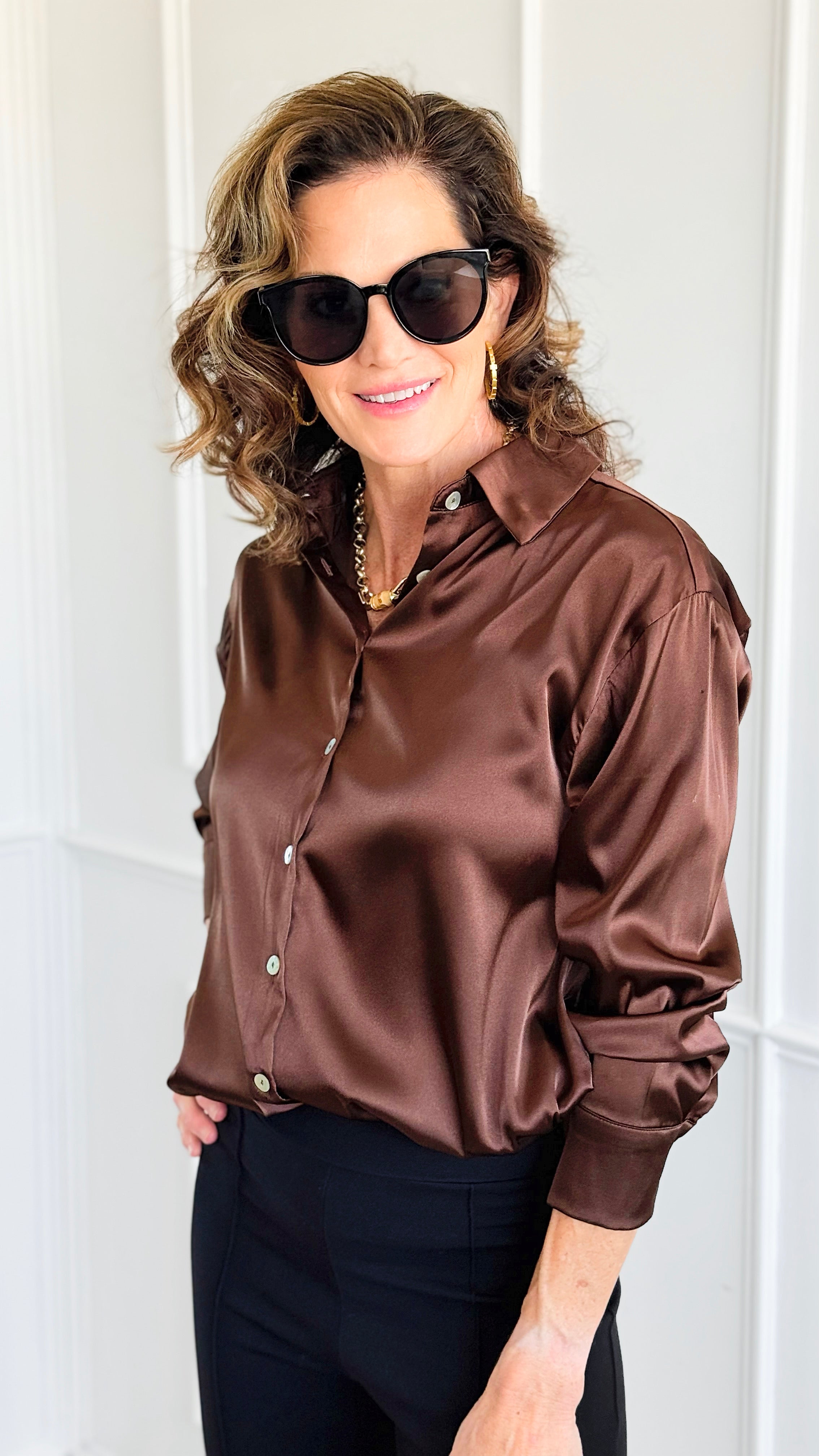 Vivienne Button Down Blouse - Brown-110 Long Sleeve Tops-Zenana-Coastal Bloom Boutique, find the trendiest versions of the popular styles and looks Located in Indialantic, FL