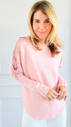 Blush Glow Lace Shoulder Top - Pink-140 Sweaters-cinniya-Coastal Bloom Boutique, find the trendiest versions of the popular styles and looks Located in Indialantic, FL