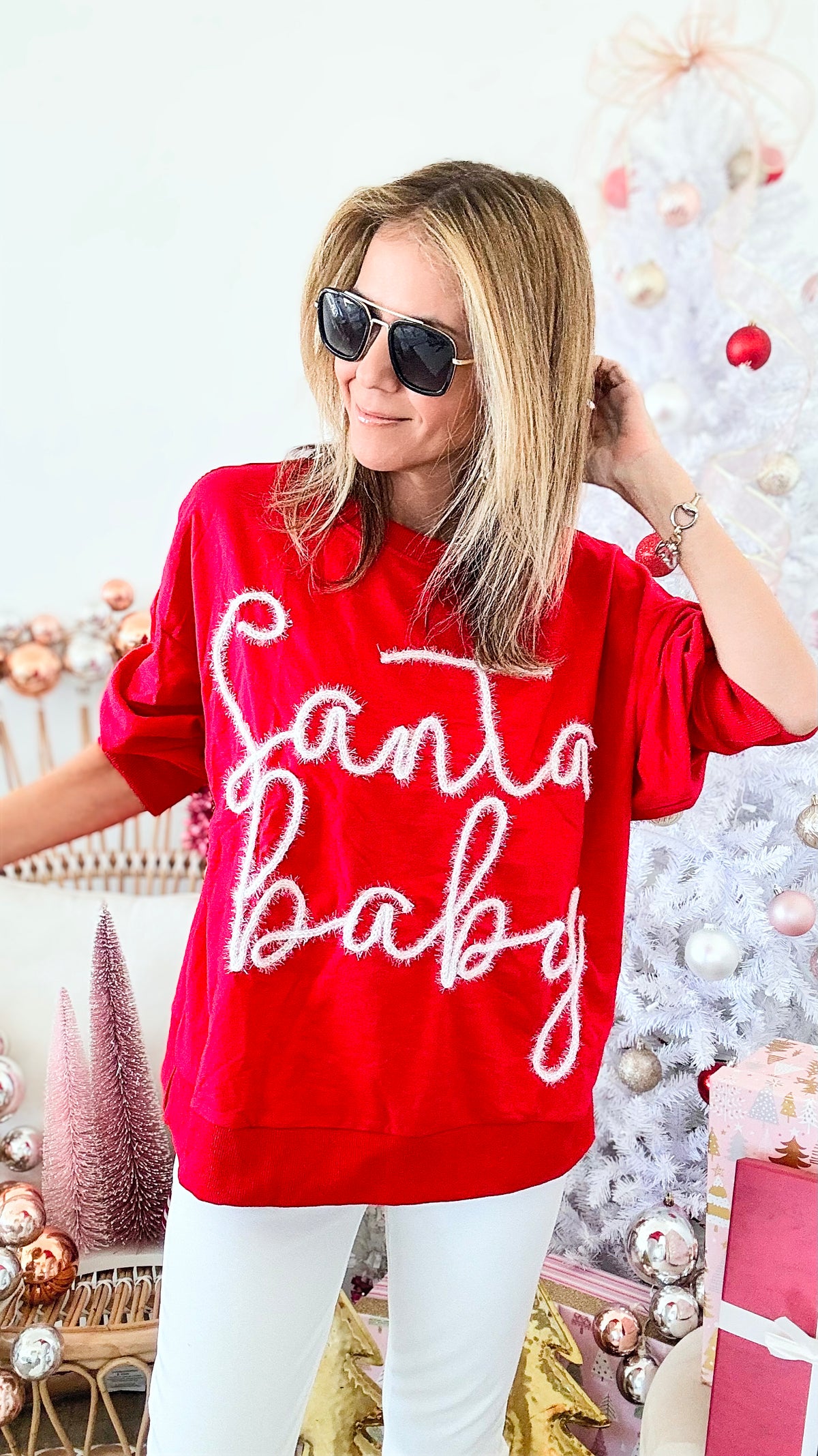Santa Baby Sweatshirt - Red-130 Long Sleeve Tops-BIBI-Coastal Bloom Boutique, find the trendiest versions of the popular styles and looks Located in Indialantic, FL