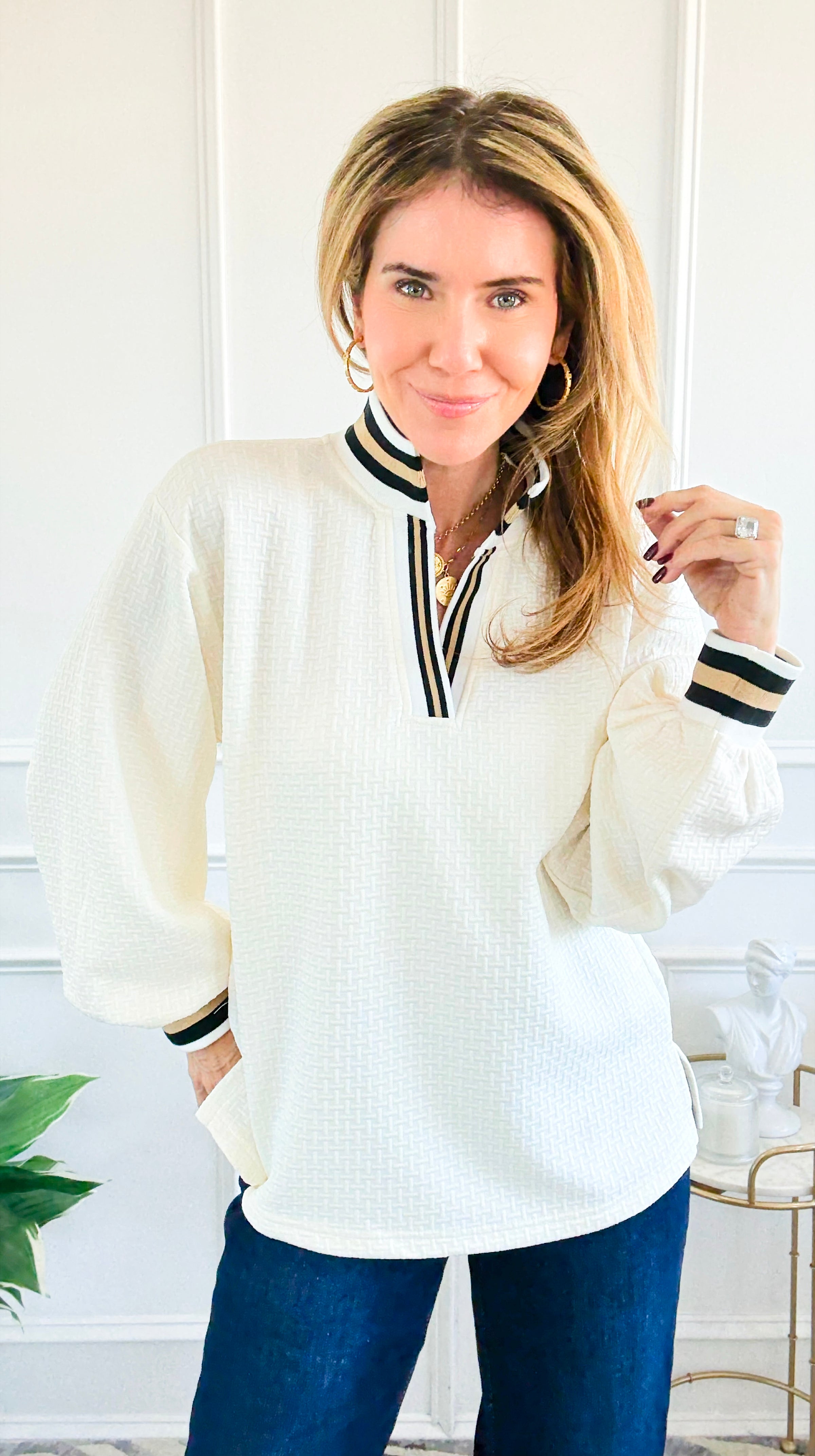 Textured Puff Sleeve Top Off White