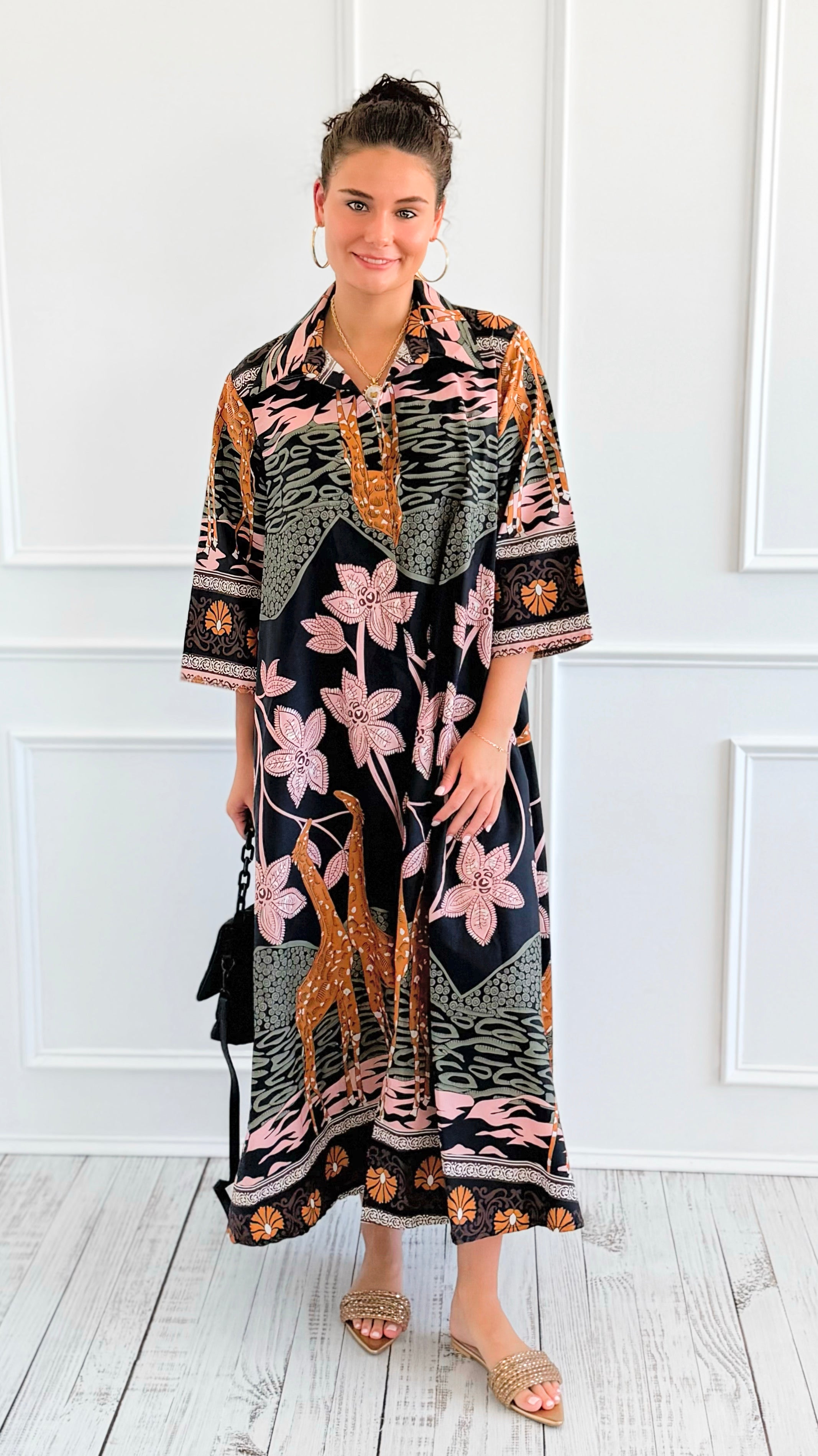 Safari Luxe Botanical Italian Long Dress-200 Dresses/Jumpsuits/Rompers-AZUL MONACO-Coastal Bloom Boutique, find the trendiest versions of the popular styles and looks Located in Indialantic, FL