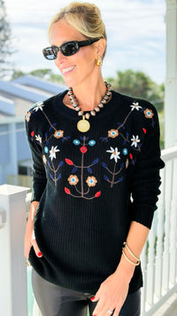 Midnight Meadow Embroidered Sweater-110 Long Sleeve Tops-simi bloom-Coastal Bloom Boutique, find the trendiest versions of the popular styles and looks Located in Indialantic, FL