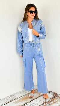 Metallic Cropped Jacket - Blue-160 Jackets-KIWI-Coastal Bloom Boutique, find the trendiest versions of the popular styles and looks Located in Indialantic, FL