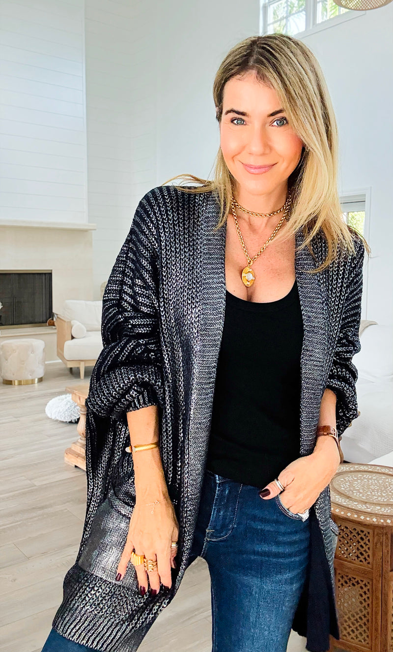 Mirrored Metallic Sugar High Italian Cardigan- Navy/ Silver-150 Cardigan Layers-Italianissimo-Coastal Bloom Boutique, find the trendiest versions of the popular styles and looks Located in Indialantic, FL