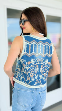 Sleeveless Embroidered Denim Button-Up