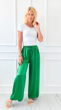 Angora Italian Satin Pant - Kelly Green-170 Bottoms-Italianissimo-Coastal Bloom Boutique, find the trendiest versions of the popular styles and looks Located in Indialantic, FL