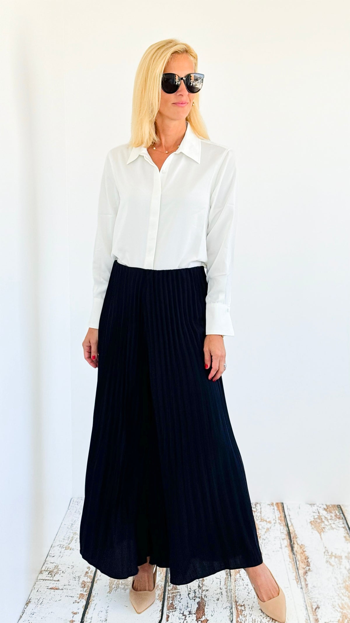 Pleated Wide Leg Pants - Navy-170 Bottoms-See and Be Seen-Coastal Bloom Boutique, find the trendiest versions of the popular styles and looks Located in Indialantic, FL