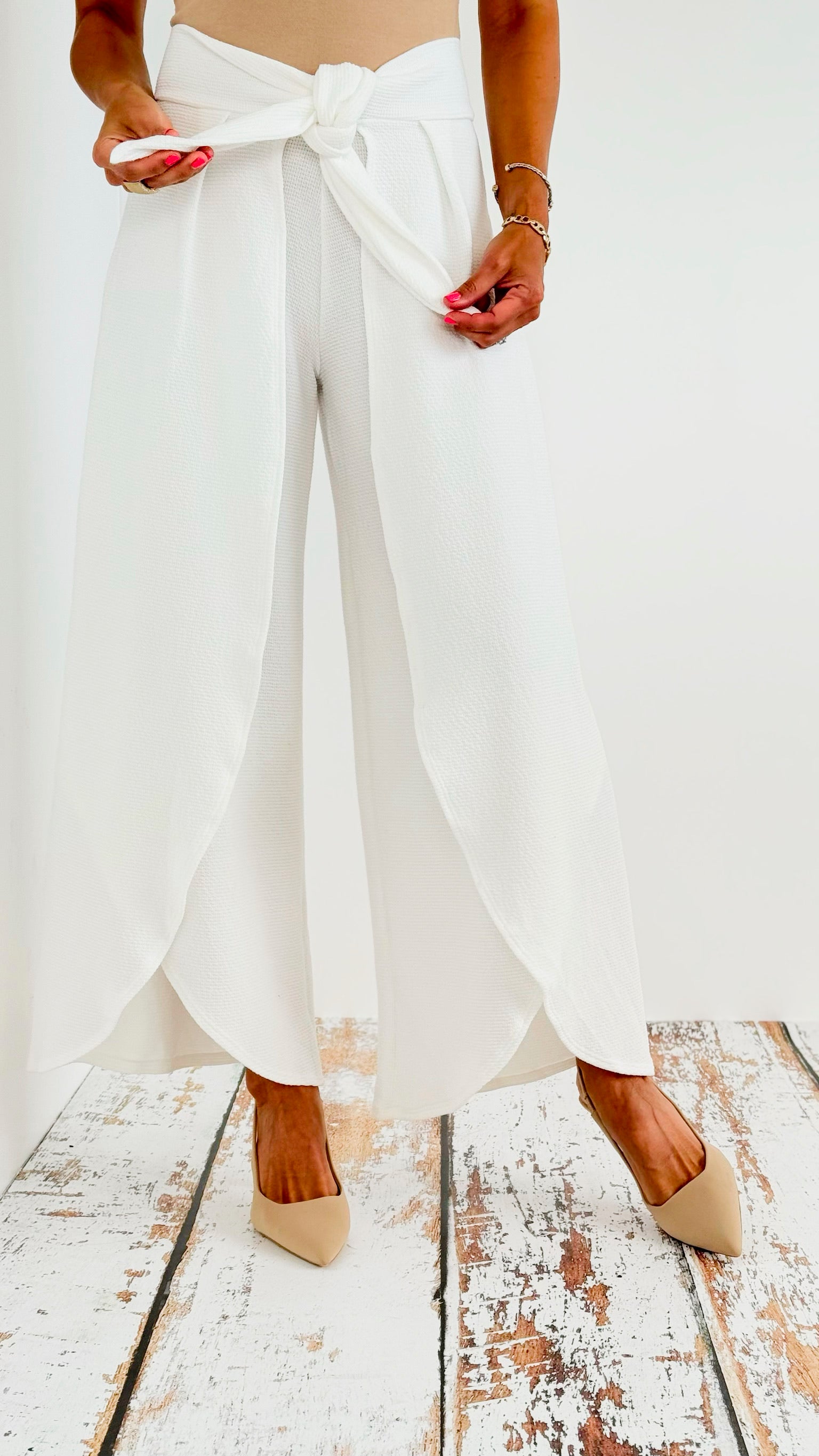 High-Waisted Split-Leg Pants with Front Tie - White-pants-BucketList-Coastal Bloom Boutique, find the trendiest versions of the popular styles and looks Located in Indialantic, FL