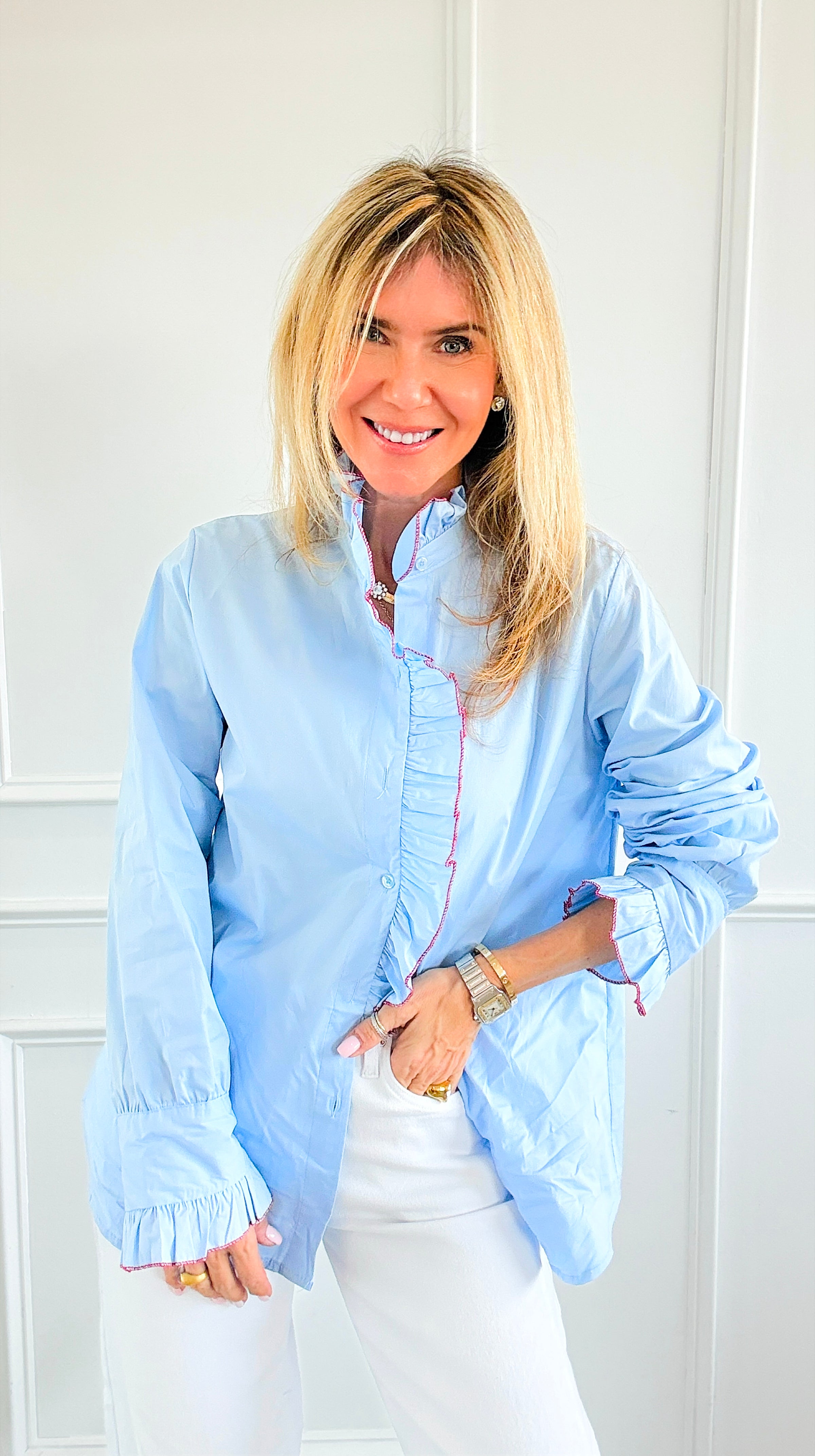 Ruffle Contour Elegance Italian Button Top- Sky Blue