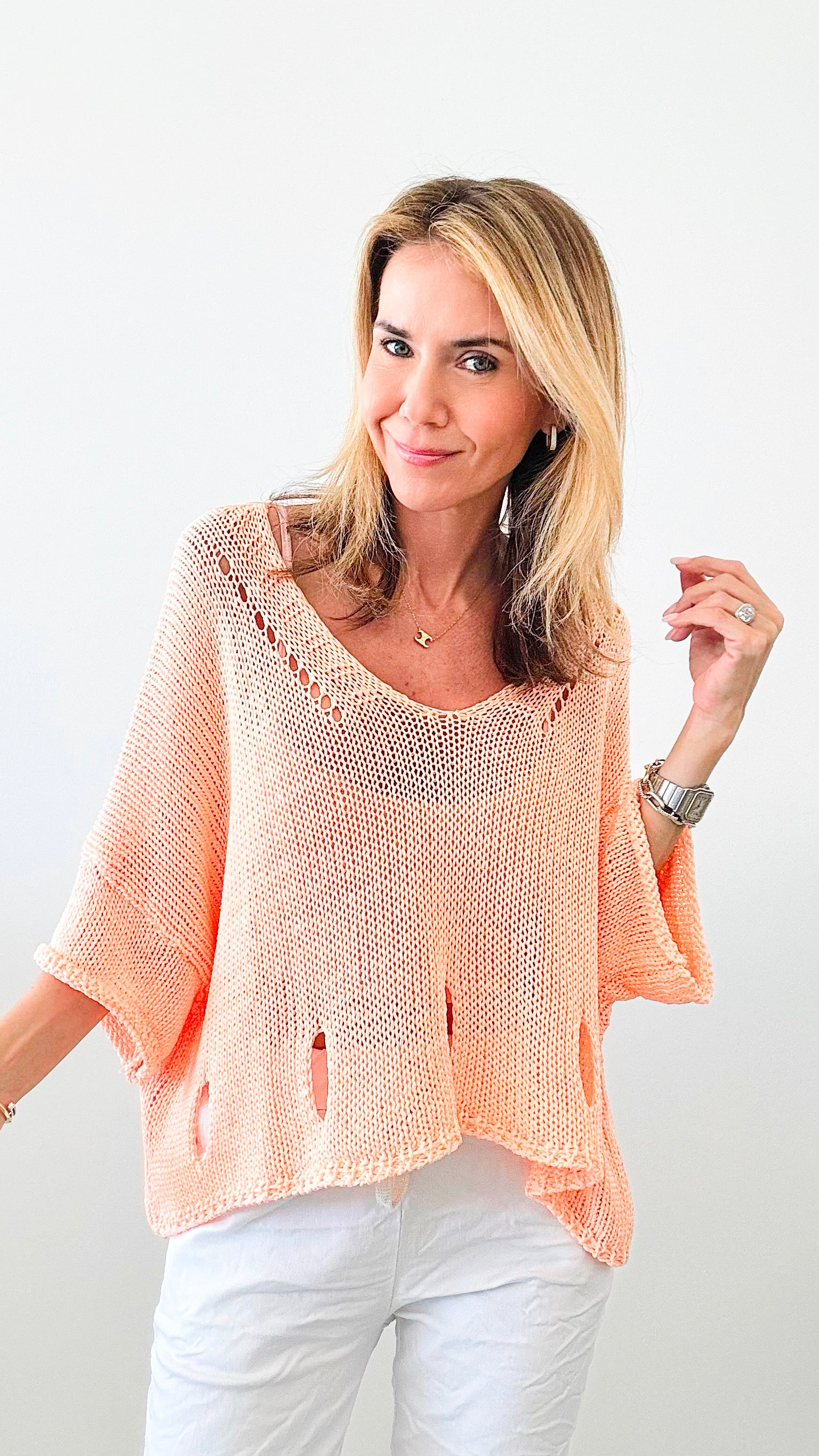 Stellar Keyhole Italian Crochet Pullover - Melon-140 Sweaters-Germany-Coastal Bloom Boutique, find the trendiest versions of the popular styles and looks Located in Indialantic, FL