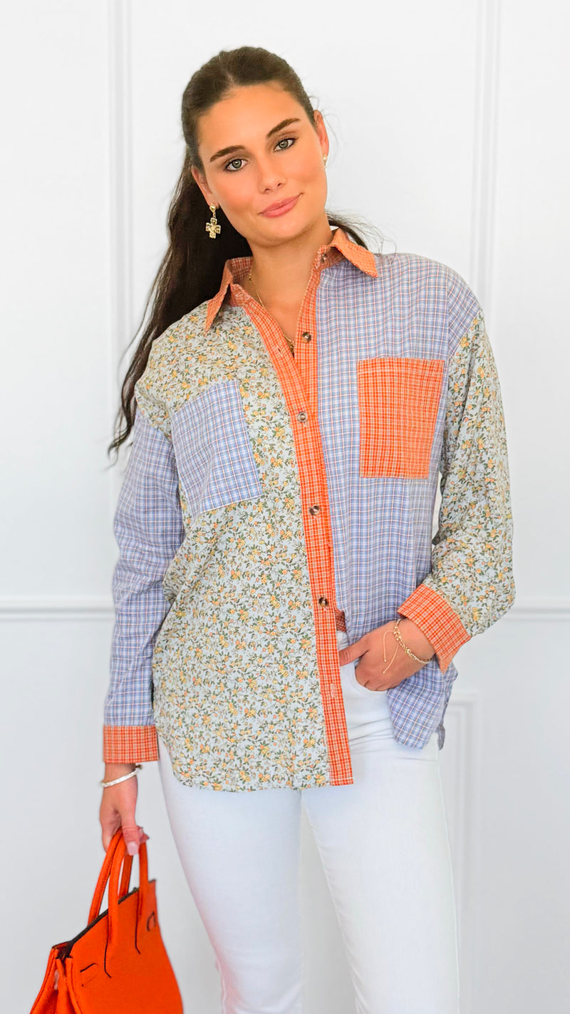 Sunset Picnic Button-Down Top-130 Long Sleeve Tops-ROUSSEAU-Coastal Bloom Boutique, find the trendiest versions of the popular styles and looks Located in Indialantic, FL