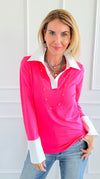 The Frankie Button Down Top - Neon Pink-130 Long Sleeve Tops-EC COLLECTION INC-Coastal Bloom Boutique, find the trendiest versions of the popular styles and looks Located in Indialantic, FL