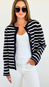 Striped Gold Button Cardigan-150 Cardigans/Layers-See and Be Seen-Coastal Bloom Boutique, find the trendiest versions of the popular styles and looks Located in Indialantic, FL