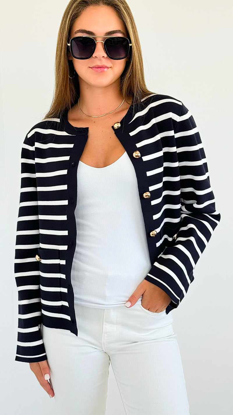 Striped Gold Button Cardigan-150 Cardigans/Layers-See and Be Seen-Coastal Bloom Boutique, find the trendiest versions of the popular styles and looks Located in Indialantic, FL