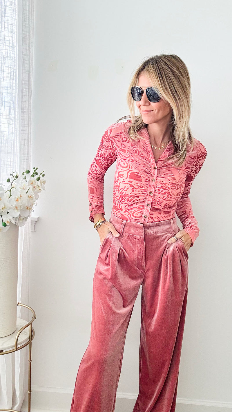 Certain To Charm Burnout Velvet Ruched Shirt - Rose-130 Long sleeve top-HYFVE-Coastal Bloom Boutique, find the trendiest versions of the popular styles and looks Located in Indialantic, FL