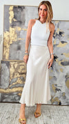Brooklyn Italian Satin Midi Skirt - Oyster-170 Bottoms-Italianissimo-Coastal Bloom Boutique, find the trendiest versions of the popular styles and looks Located in Indialantic, FL