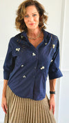 Rhinestone Embroidered Blouse - Navy-130 Long Sleeve Tops-PASTEL DESIGN-Coastal Bloom Boutique, find the trendiest versions of the popular styles and looks Located in Indialantic, FL
