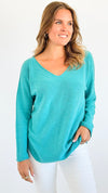 Soho Italian V-Neck Pullover - Turquoise-140 Sweaters-Italianissimo-Coastal Bloom Boutique, find the trendiest versions of the popular styles and looks Located in Indialantic, FL