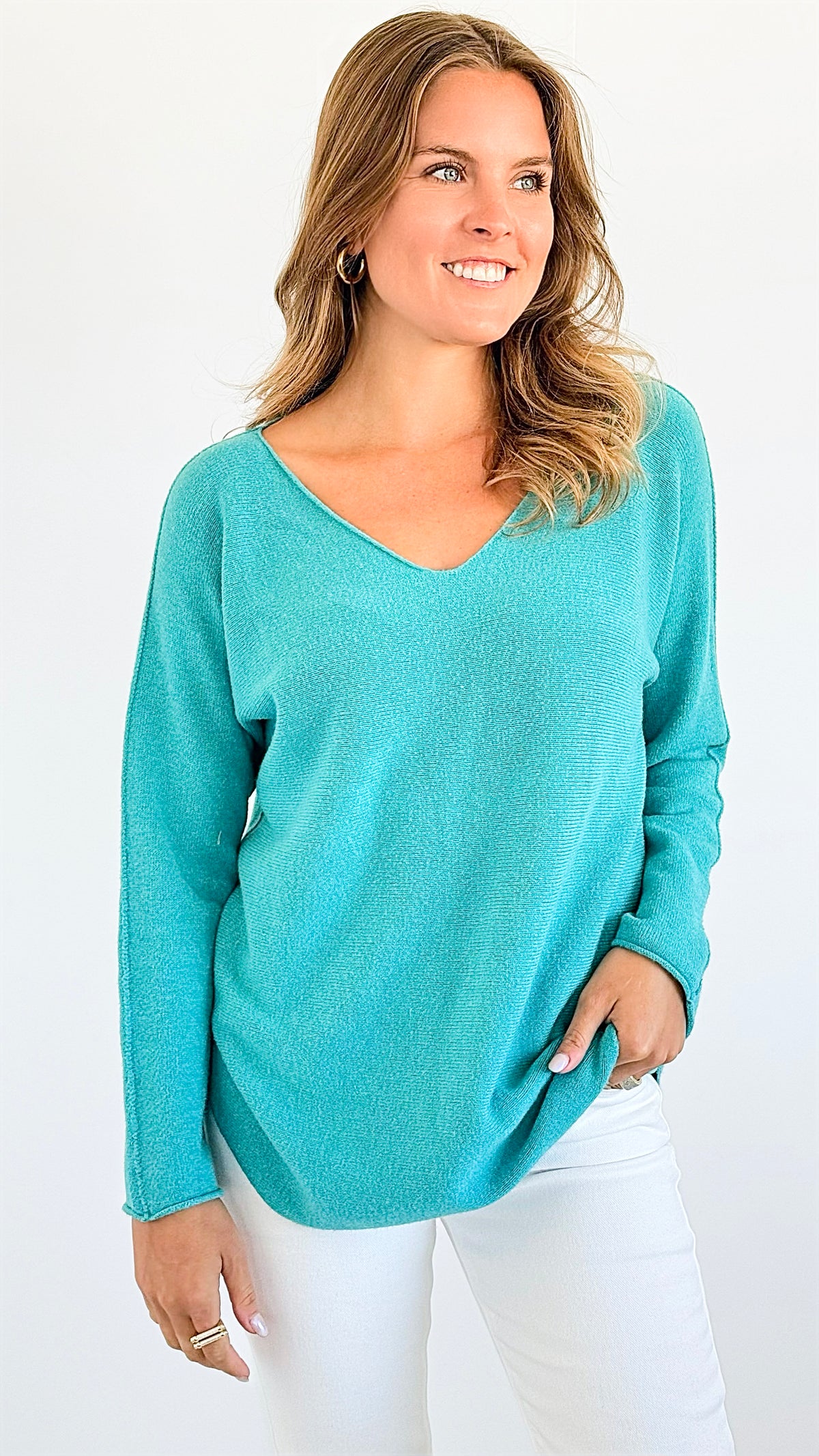 Soho Italian V-Neck Pullover - Turquoise-140 Sweaters-Italianissimo-Coastal Bloom Boutique, find the trendiest versions of the popular styles and looks Located in Indialantic, FL