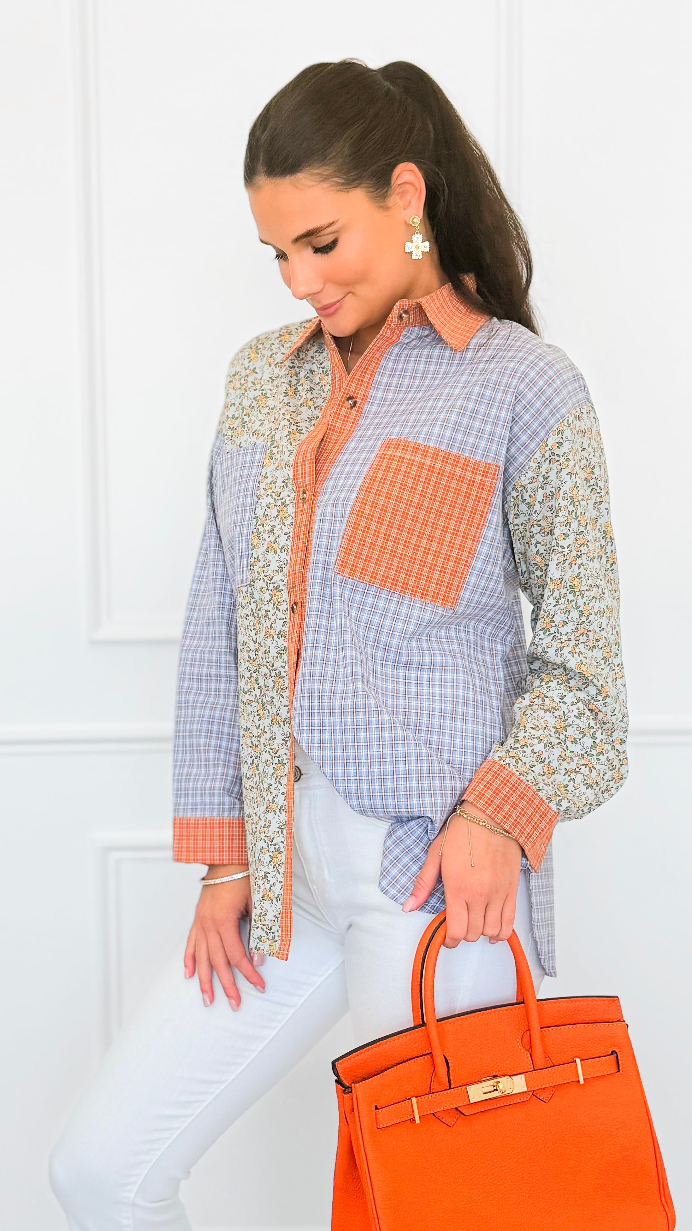 Sunset Picnic Button-Down Top-130 Long Sleeve Tops-ROUSSEAU-Coastal Bloom Boutique, find the trendiest versions of the popular styles and looks Located in Indialantic, FL
