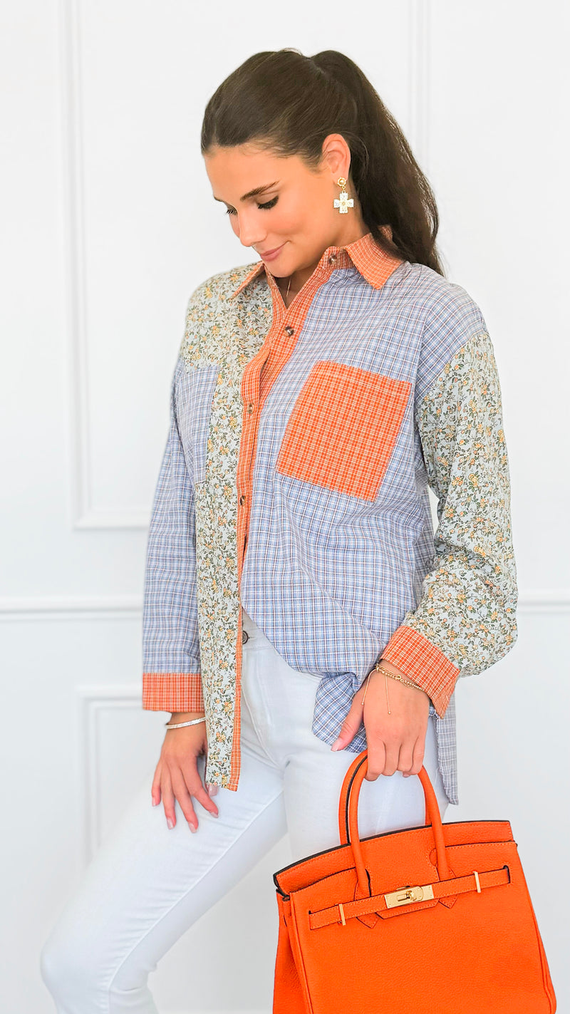 Sunset Picnic Button-Down Top-130 Long Sleeve Tops-ROUSSEAU-Coastal Bloom Boutique, find the trendiest versions of the popular styles and looks Located in Indialantic, FL