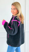 Glow Getter Sherpa Zip Sweatshirt - Black/Neon Pink-130 Long Sleeve Tops-BIBI-Coastal Bloom Boutique, find the trendiest versions of the popular styles and looks Located in Indialantic, FL