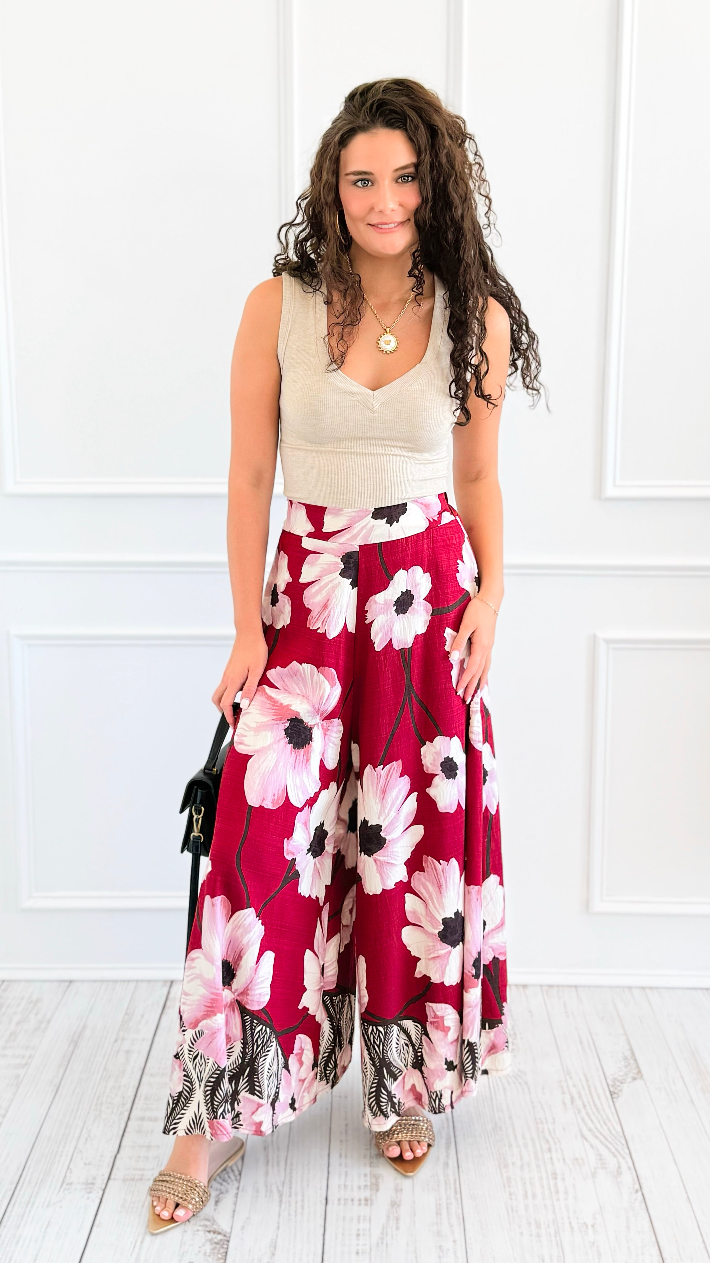 Garden Escape Italian Palazzo Pant- Burgundy-100 Pants-AZUL MONACO-Coastal Bloom Boutique, find the trendiest versions of the popular styles and looks Located in Indialantic, FL