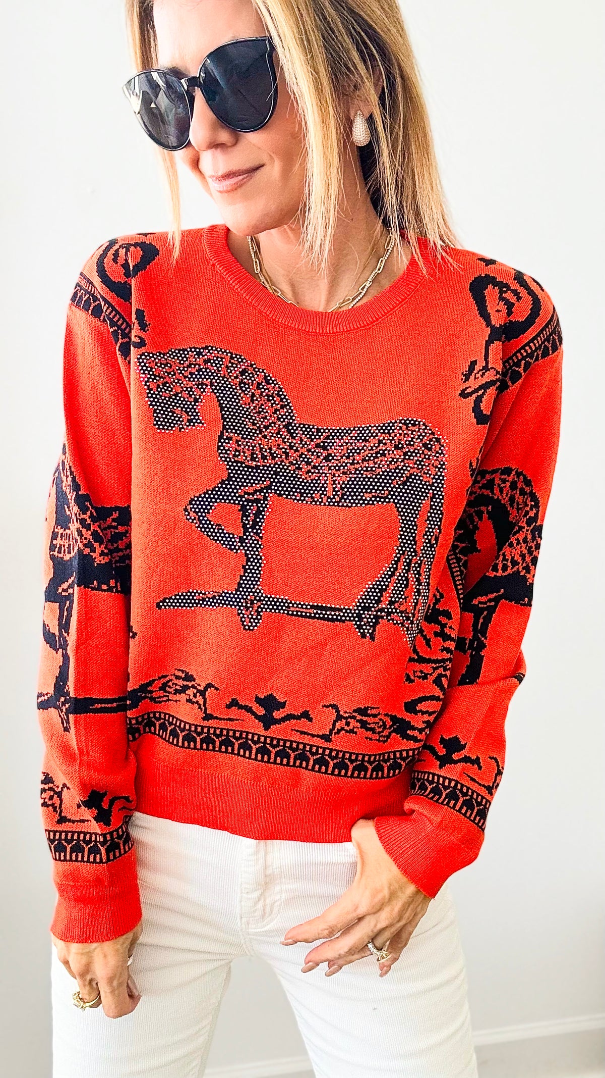 Rich in Orange Equestrian Iridescent Horsebit Sweater-140 Sweaters-Chasing Bandits-Coastal Bloom Boutique, find the trendiest versions of the popular styles and looks Located in Indialantic, FL