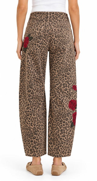 Rose Embroidered Leopard Barrel Pants
