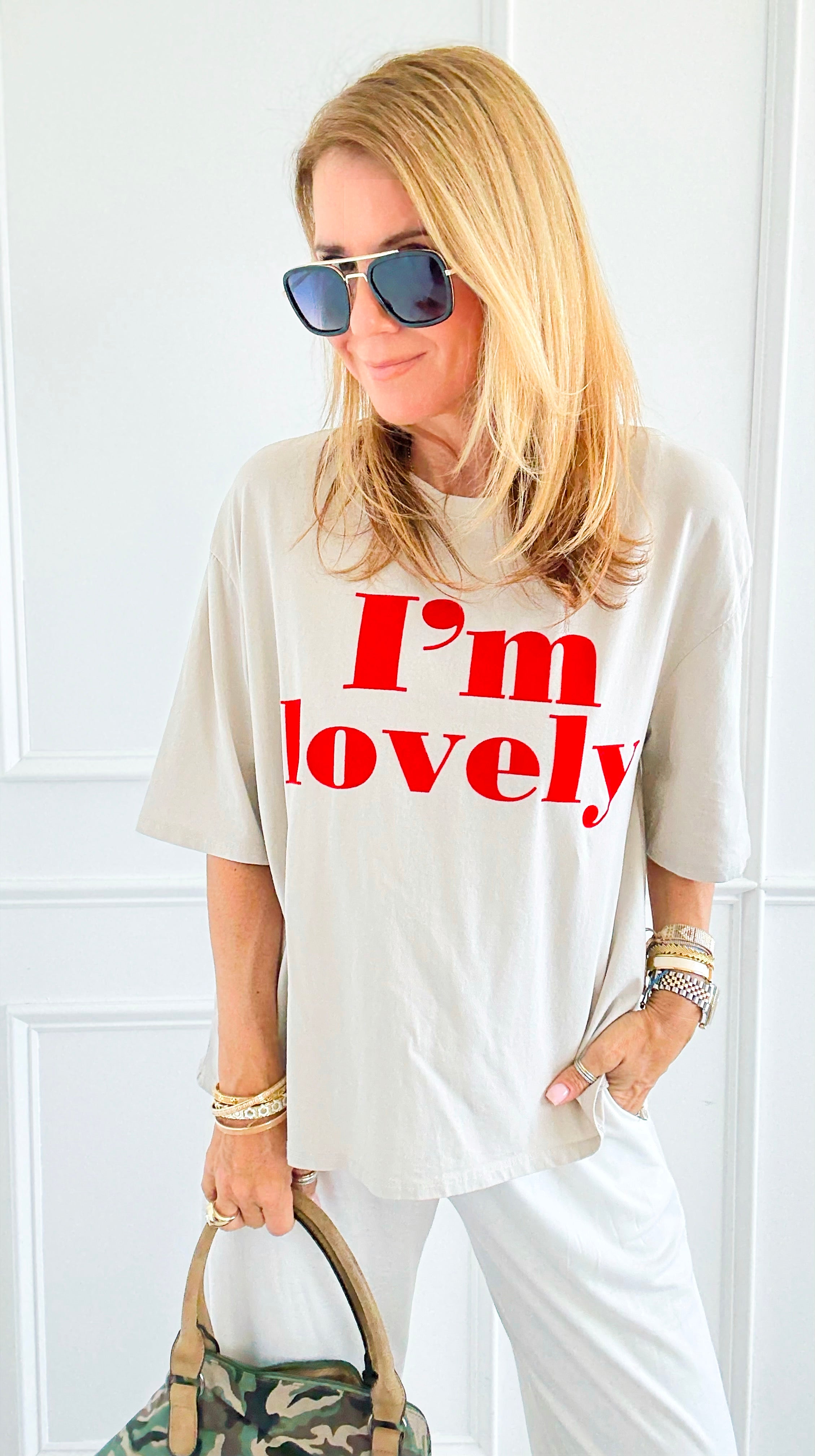 I'm Lovely Italian tee- Beige-110 short Sleeve Top-V SKY-Coastal Bloom Boutique, find the trendiest versions of the popular styles and looks Located in Indialantic, FL