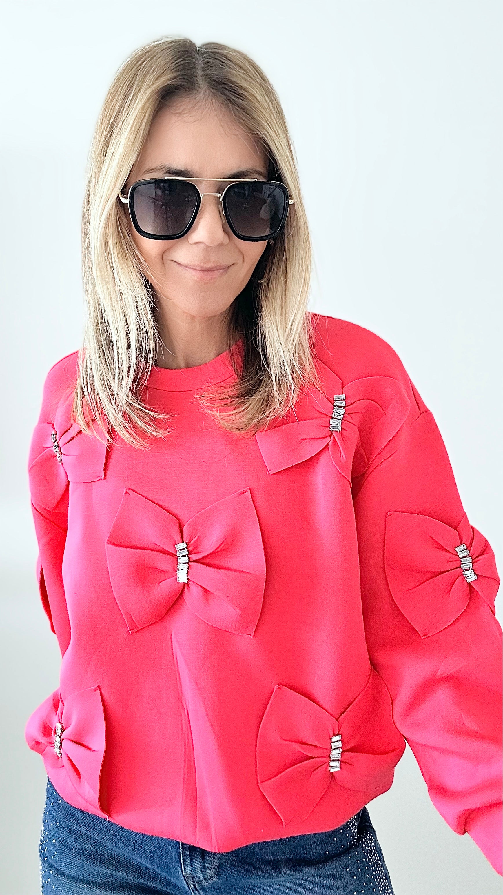 Fiora French Scuba Ribbon-Bow Sweatshirt - Hot Pink-130 Long Sleeve Tops-Joh Apparel-Coastal Bloom Boutique, find the trendiest versions of the popular styles and looks Located in Indialantic, FL