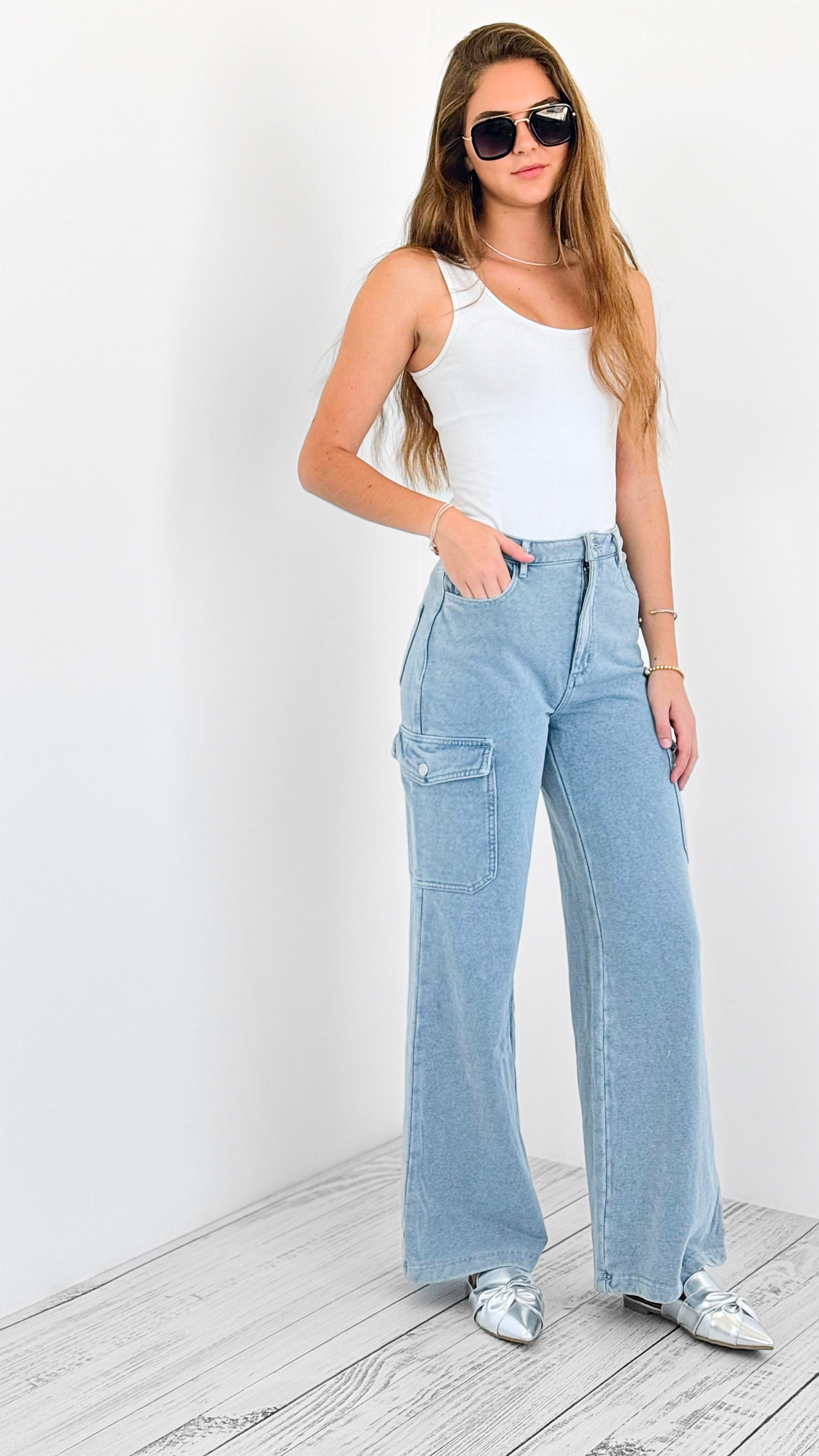 City Cargo Wide-Leg Jeans-170 Bottoms-BlueB-Coastal Bloom Boutique, find the trendiest versions of the popular styles and looks Located in Indialantic, FL