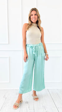Italian Silky Wide Leg Pants with Belt- Mint-100 Pants-V6-Coastal Bloom Boutique, find the trendiest versions of the popular styles and looks Located in Indialantic, FL