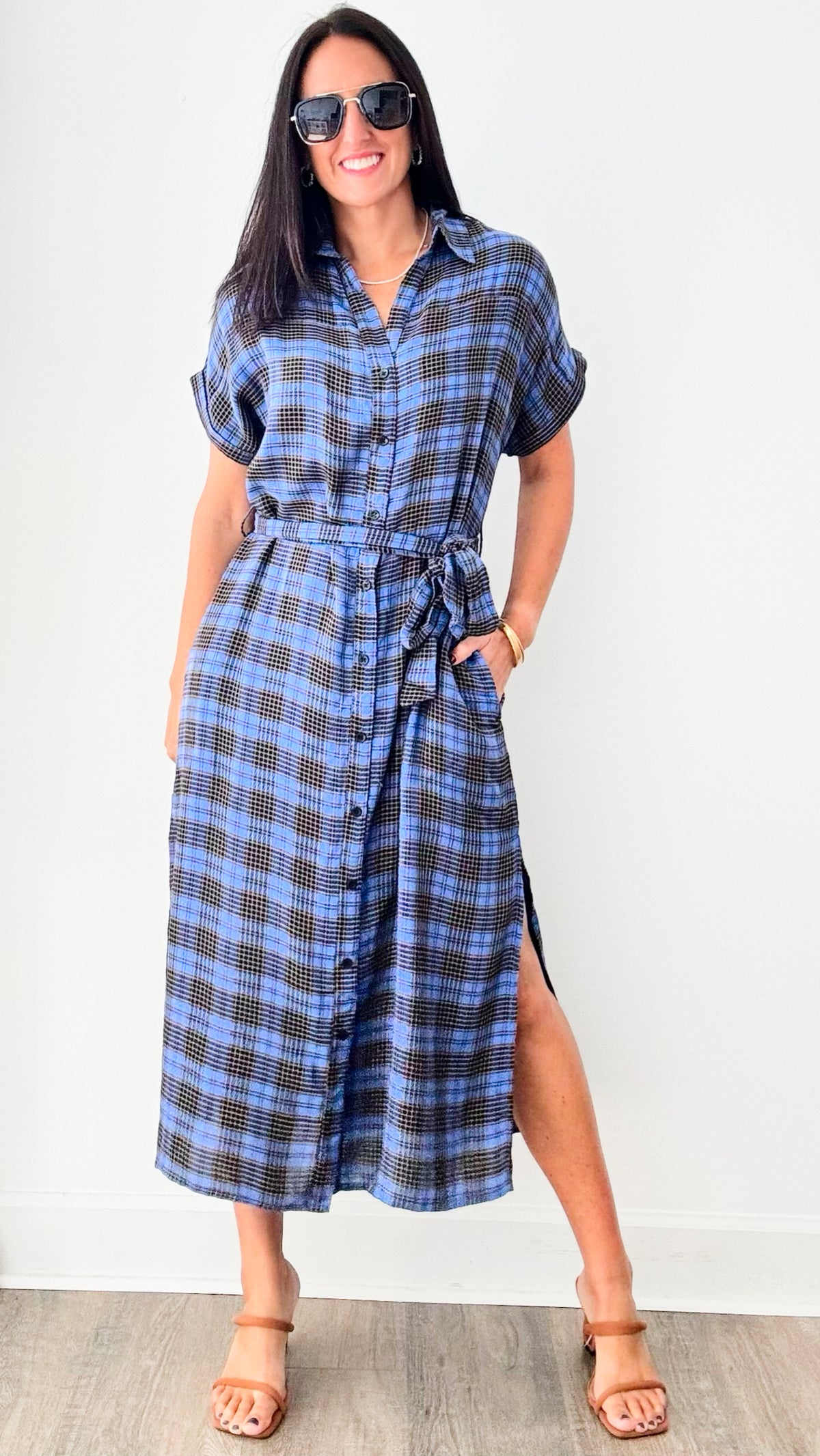 Indigo Plaid Button Down Dress-200 Dresses/Jumpsuits/Rompers-en creme-Coastal Bloom Boutique, find the trendiest versions of the popular styles and looks Located in Indialantic, FL