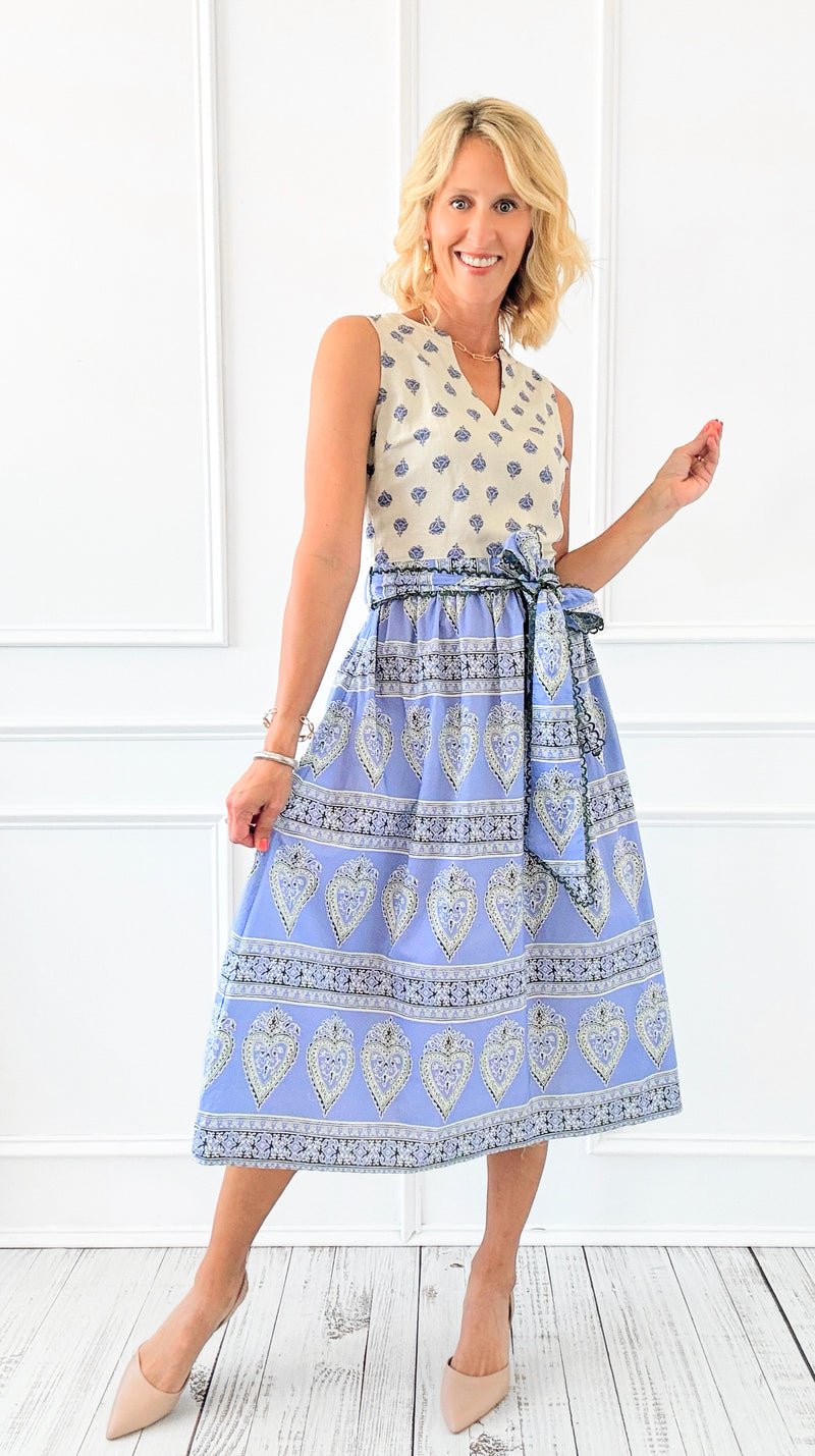 Santorini Breeze Waist Tie Midi Dress-200 Dresses/Jumpsuits/Rompers-VOY-Coastal Bloom Boutique, find the trendiest versions of the popular styles and looks Located in Indialantic, FL
