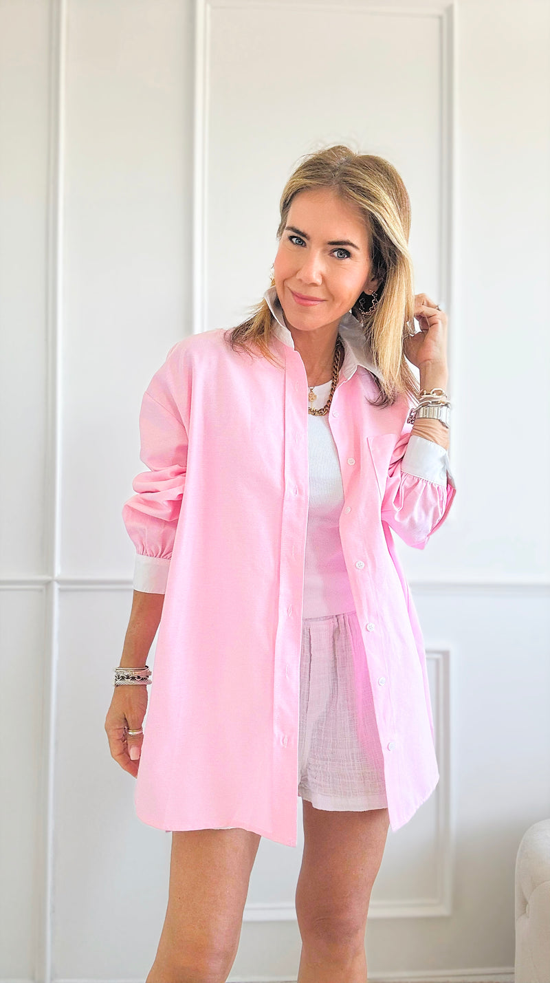Contrast Button Up Shirt Blouse-Pink-130 Long Sleeve Tops-Rousseau-Coastal Bloom Boutique, find the trendiest versions of the popular styles and looks Located in Indialantic, FL