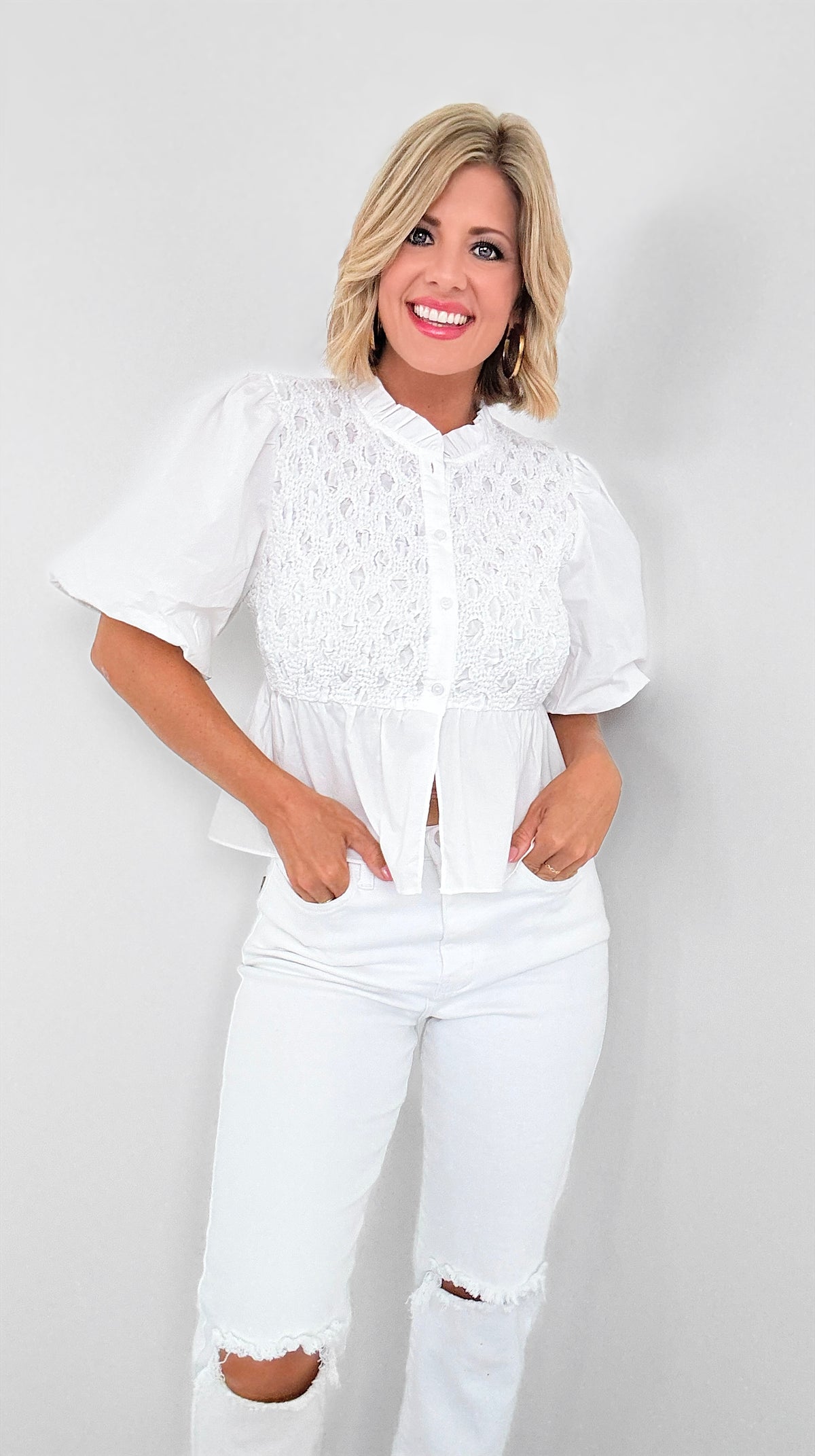 Puff Sleeve Textured Top-110 Short Sleeve Tops-LALAVON-Coastal Bloom Boutique, find the trendiest versions of the popular styles and looks Located in Indialantic, FL