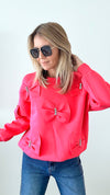 Fiora French Scuba Ribbon-Bow Sweatshirt - Hot Pink-130 Long Sleeve Tops-Joh Apparel-Coastal Bloom Boutique, find the trendiest versions of the popular styles and looks Located in Indialantic, FL