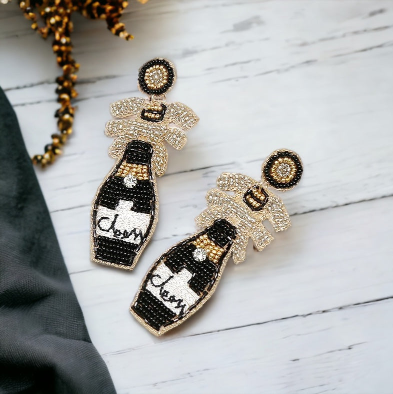 Cheers Champagne Bottle Beaded Earrings-230 Jewelry-US Jewelry House-Coastal Bloom Boutique, find the trendiest versions of the popular styles and looks Located in Indialantic, FL