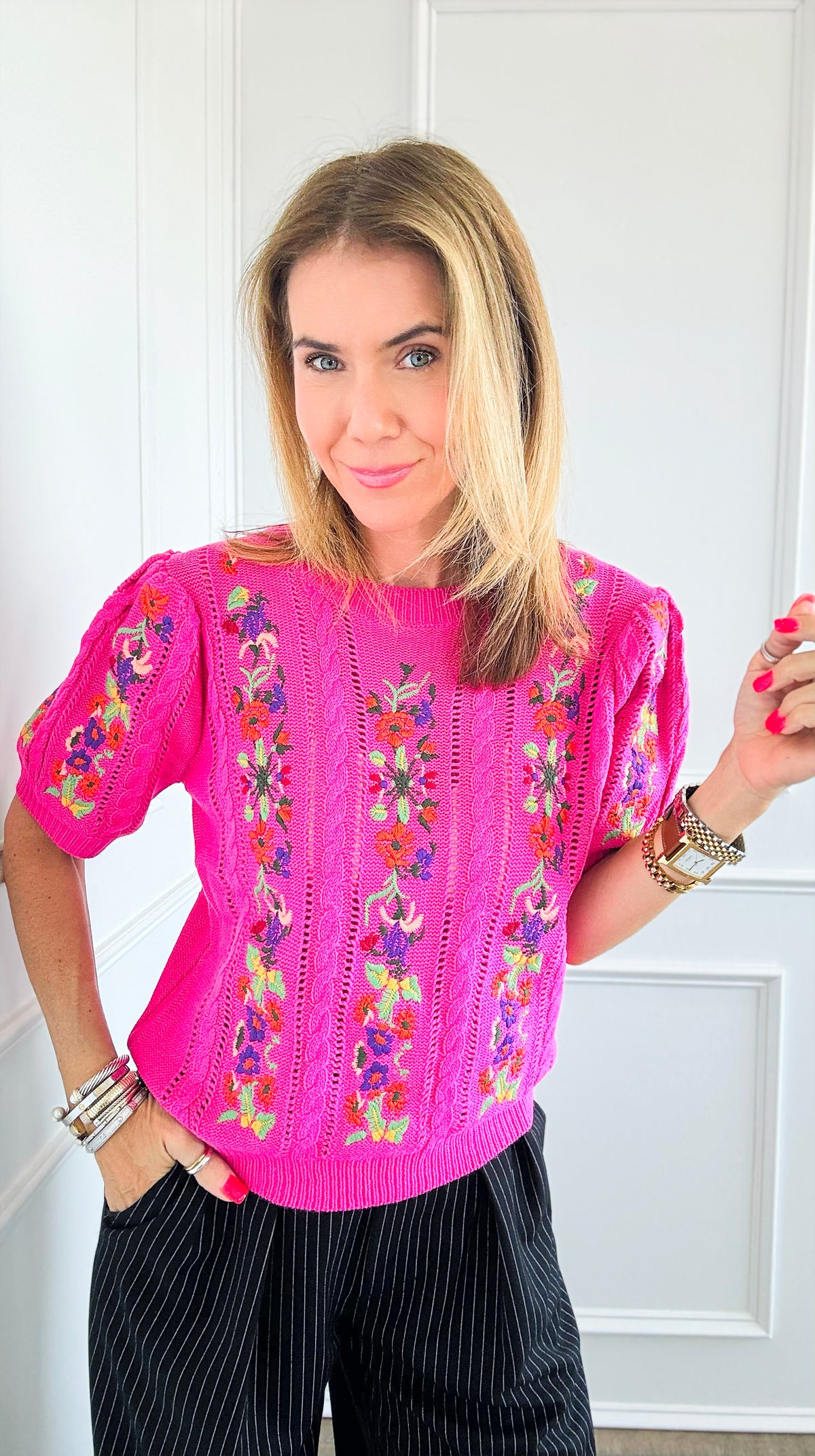 Floral Embroidered Short-Sleeved Crew Neck Sweater - Fuchsia-140 Sweaters-BIBI-Coastal Bloom Boutique, find the trendiest versions of the popular styles and looks Located in Indialantic, FL