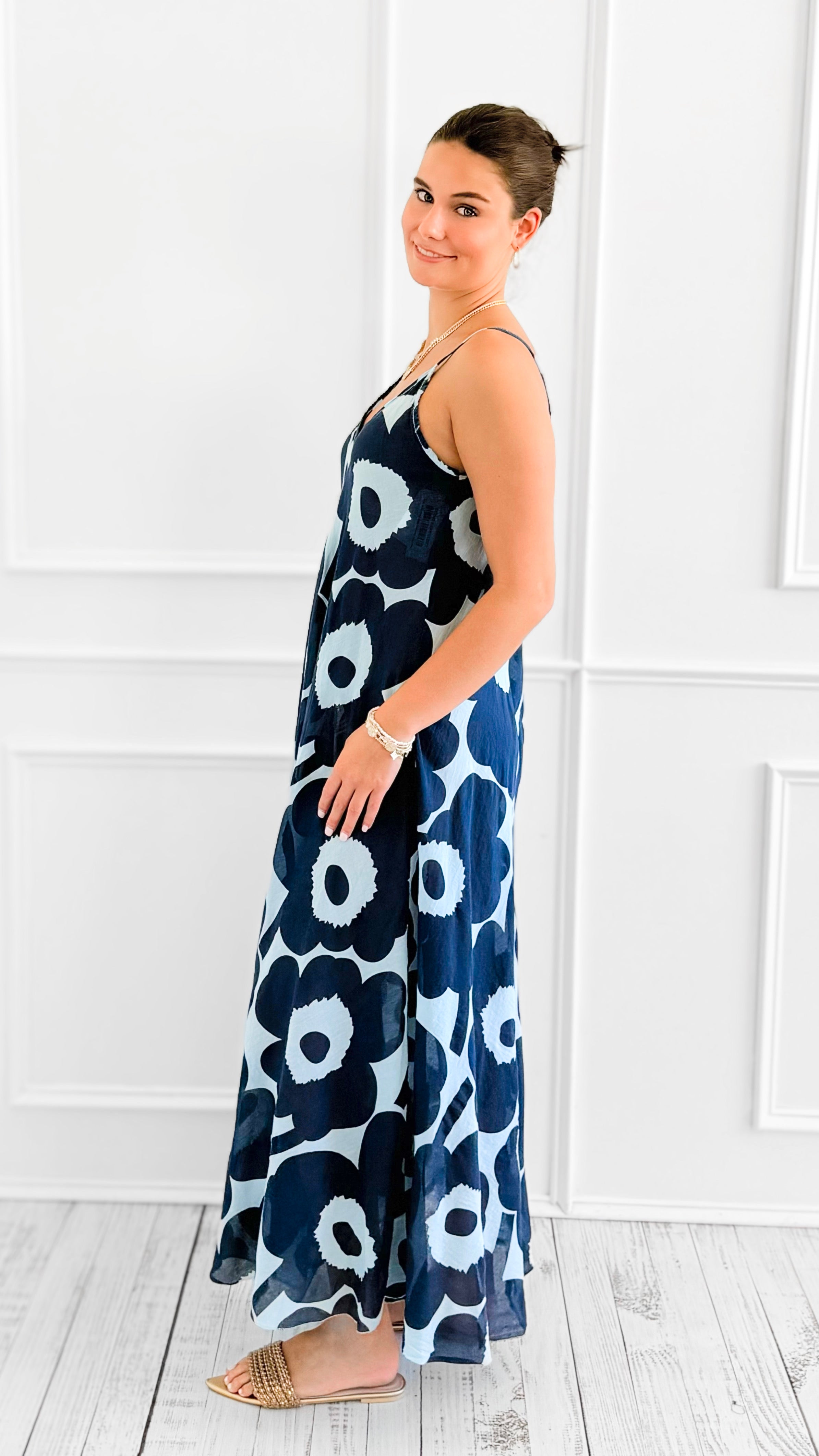 Power Petal Sleeveless Italian Long Dress- Navy-170 Bottoms-Italianissimo-Coastal Bloom Boutique, find the trendiest versions of the popular styles and looks Located in Indialantic, FL
