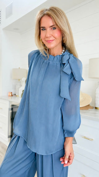Tie Neck Blouse Top - Slate