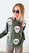 Shimmer Skulls Sweater - Army Green-140 Sweaters-Coastal Bloom-Coastal Bloom Boutique, find the trendiest versions of the popular styles and looks Located in Indialantic, FL