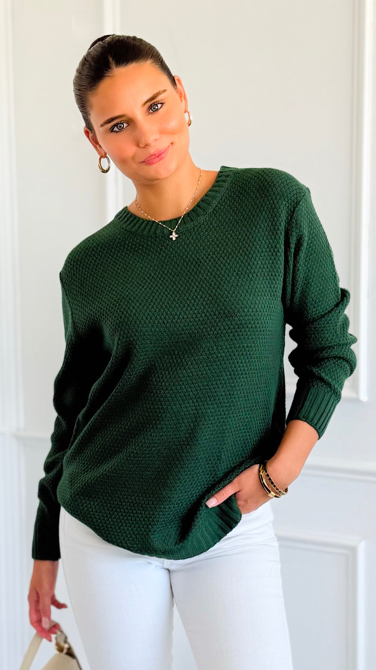 Round Neck Basic Sweater - Dk.Green-140 Sweaters-Zenana-Coastal Bloom Boutique, find the trendiest versions of the popular styles and looks Located in Indialantic, FL